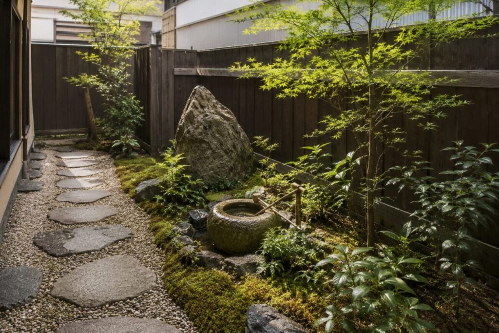 3〜5坪の自宅庭で、飛び石の動線と庭石・水鉢・植栽の景色を分けた日本庭園のレイアウト例