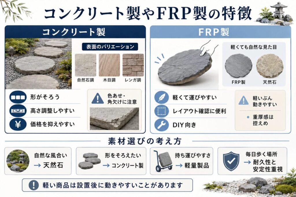 コンクリート製とFRP製の飛び石について、重さ・運びやすさ・耐久性・設置後の安定性を比較した図解