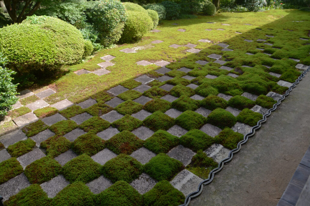 市松模様に苔が生えた日本庭園の写真