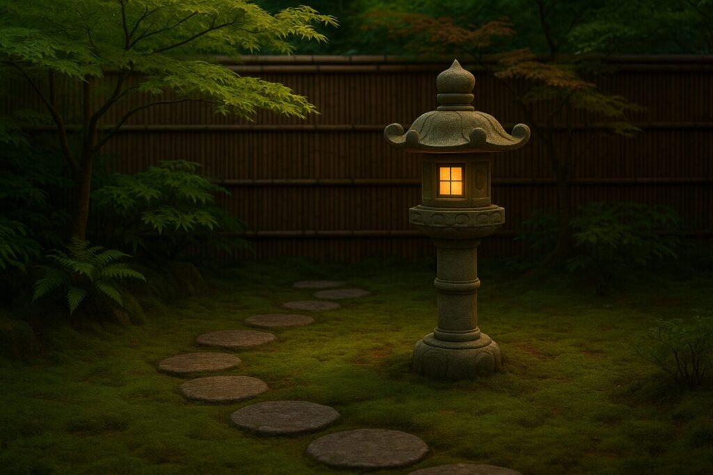 苔が生え飛び石のある日本庭園を照らす加津が灯篭の画像