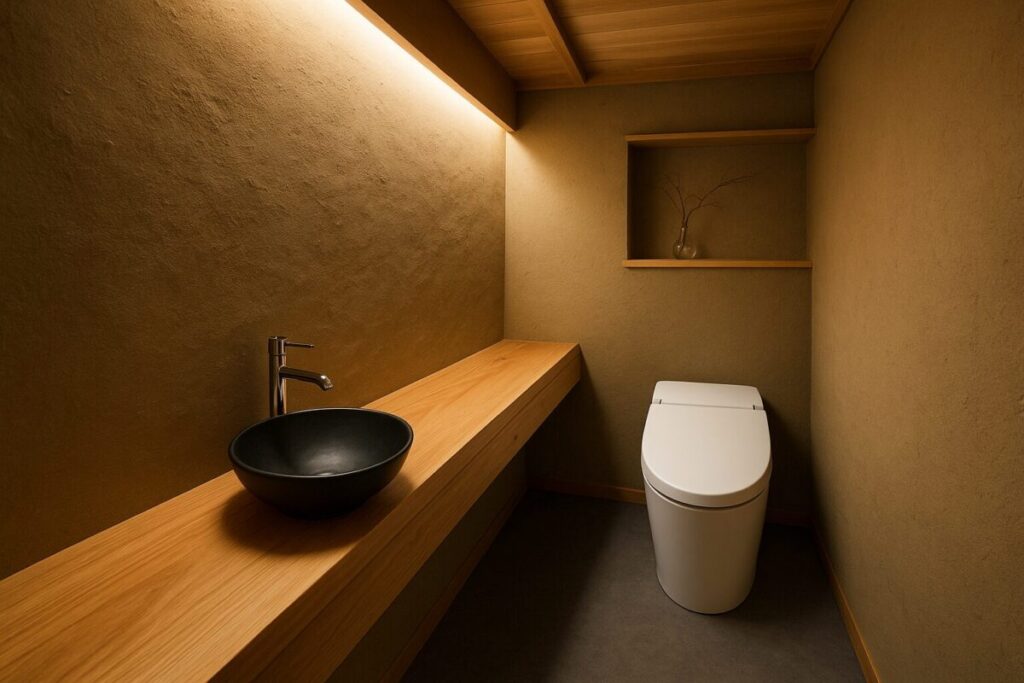 和モダン住宅トイレに手水鉢がある写真