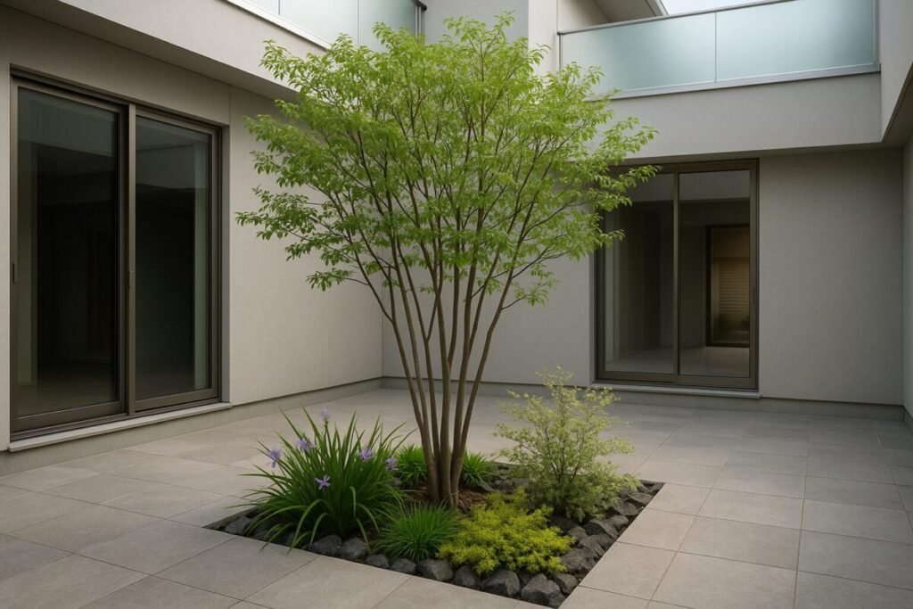 中庭に植えてるシンボルツリーのハイノキのイメージ