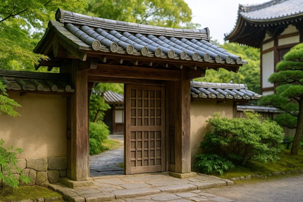 大きな日本邸宅の入り口にある棟門の写真