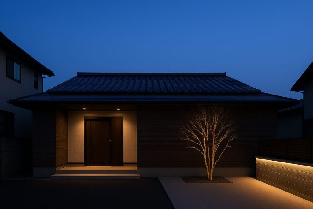 和モダン住宅の外観で玄関がライトアップされている画像