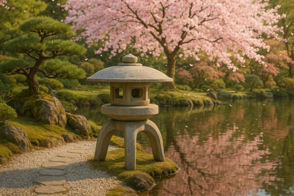 桜の時期で池の横に置かれた憂き身灯篭