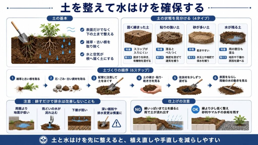 和風花壇の土づくりで確認したい土の硬さ、水はけ、改良材の混ぜ方、配管に注意した作業手順をまとめた図解