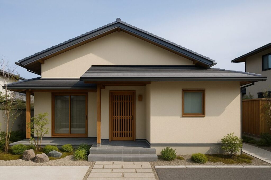 グレーの屋根と淡いベージュの和モダン住宅