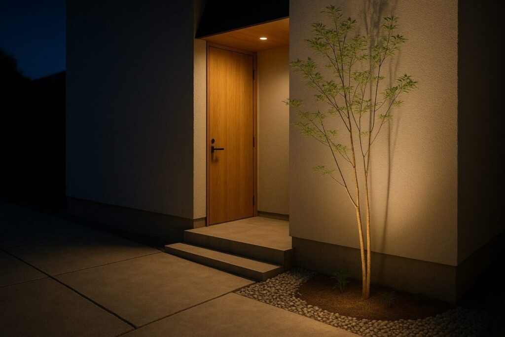 玄関前に植えられたシンボルツリーのハイノキの画像