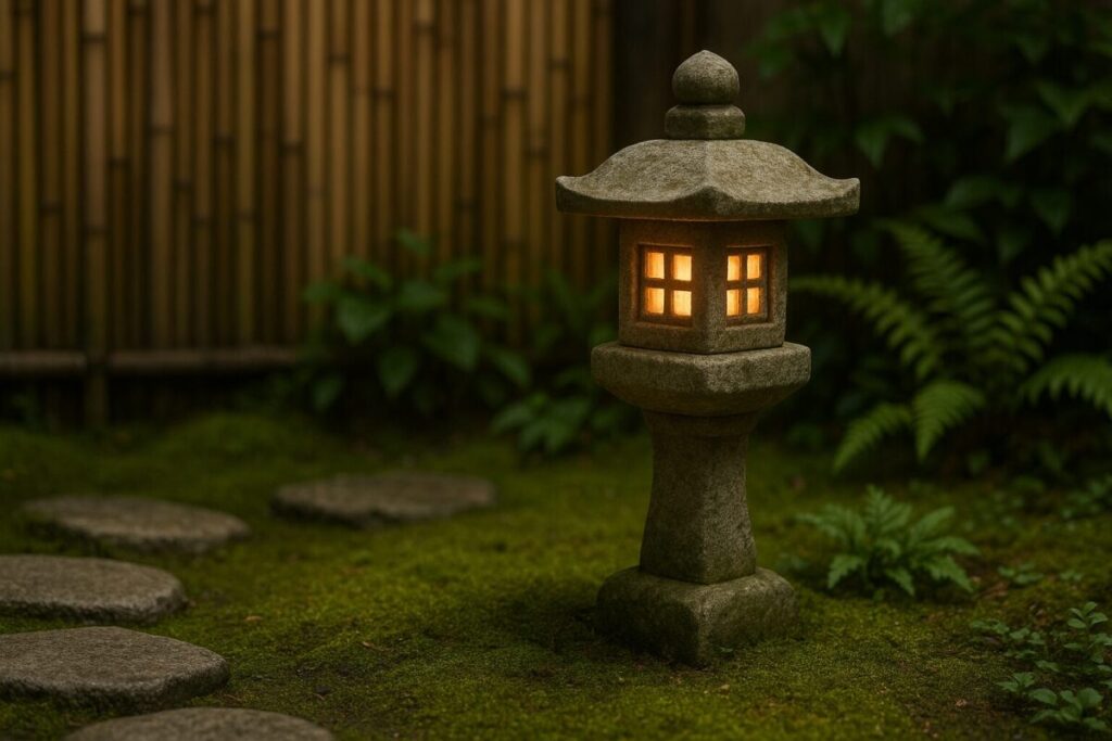 背景が夜で、坪庭に置かれた小さい春日灯篭のイラスト