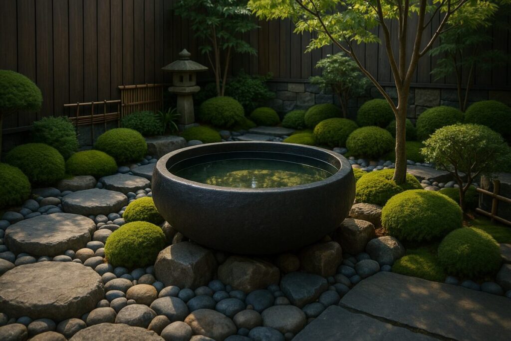 水盤を置いた和モダン庭園の画像