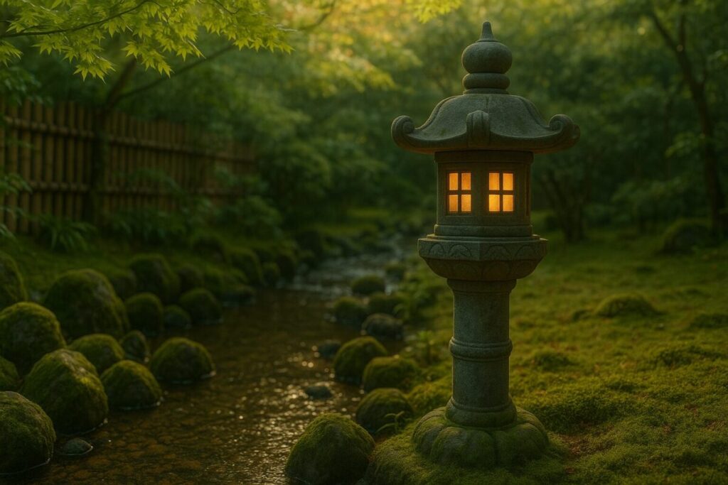 夕暮れ時で火袋が灯っている・日本庭園の川の横に設置された春日灯篭のイラスト
