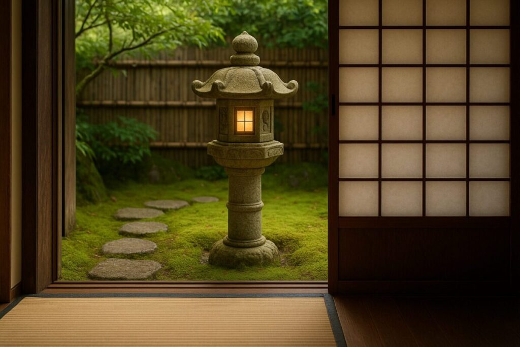 畳敷で障子がある室内から望む春日灯篭の画像