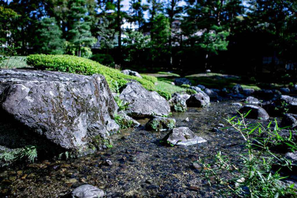 日本庭園内を流れている川の写真