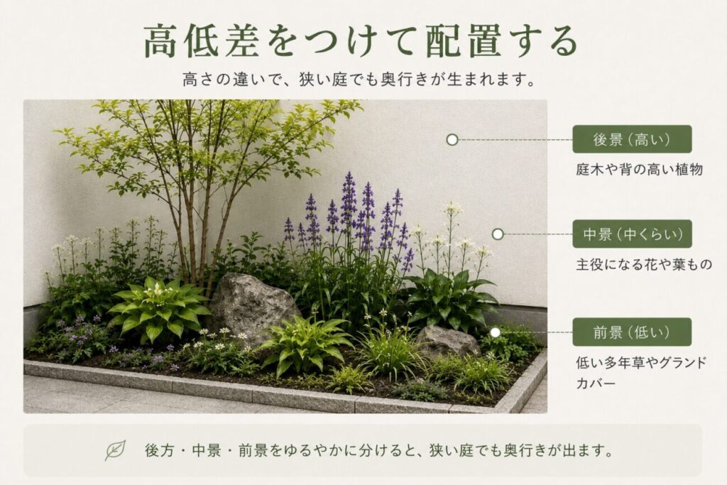 庭木や背の高い花を後方、主役の植物を中景、低い多年草や下草を前景に配置する和モダン花壇の図解
