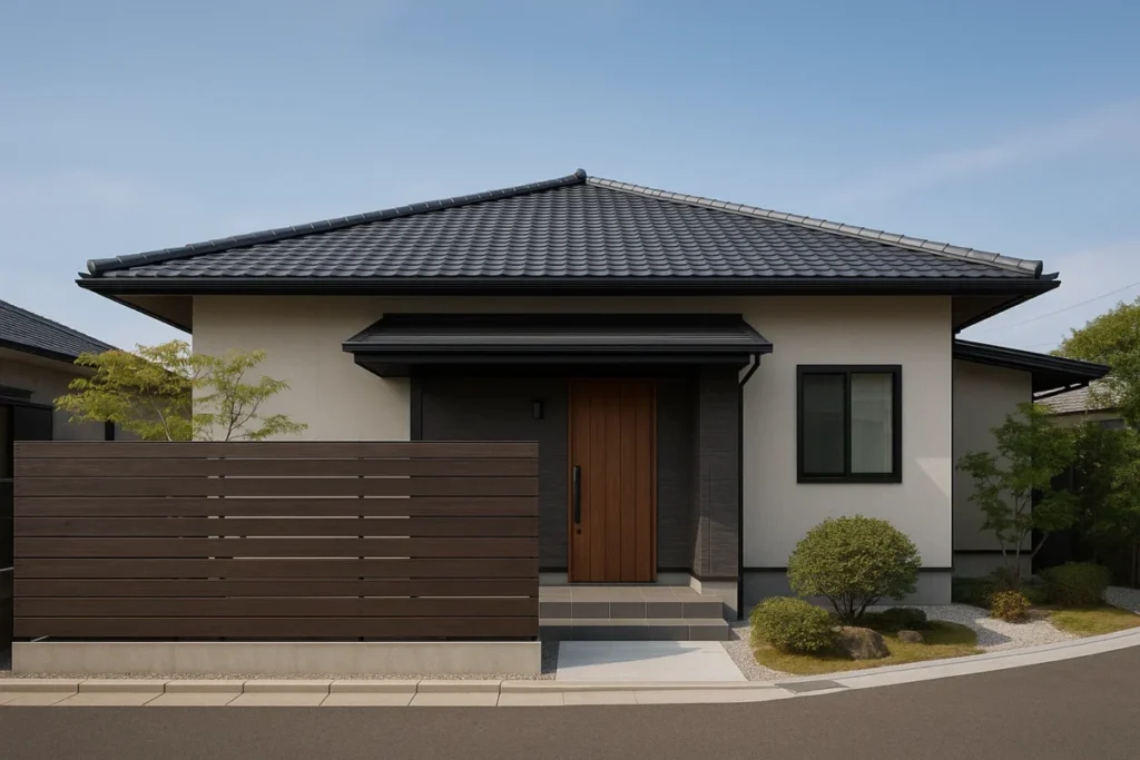 チャコールグレーの和風アルミ塀と和モダン住宅の画像