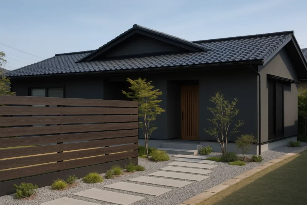 ダークブラウンの木目調アルミフェンスがある和モダン住宅