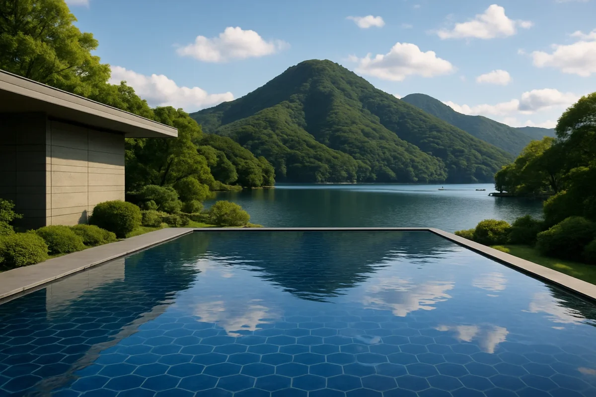 海を臨む和モダンな水盤の画像