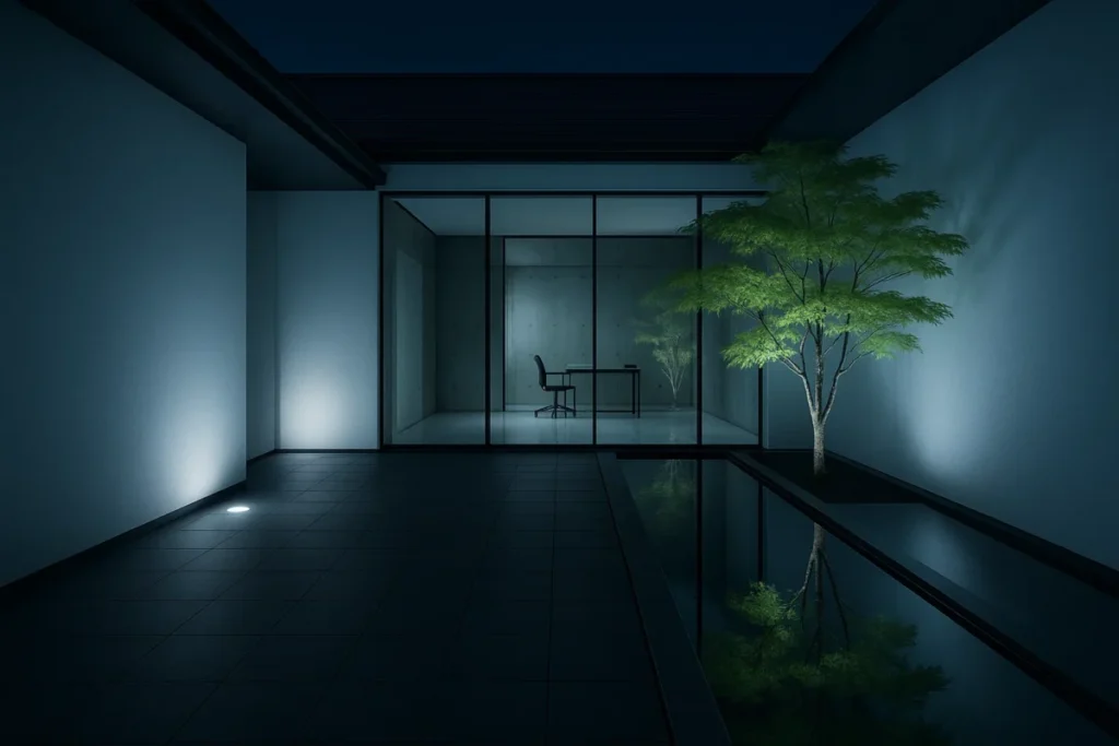 夜にライトアップされている水盤がある中庭