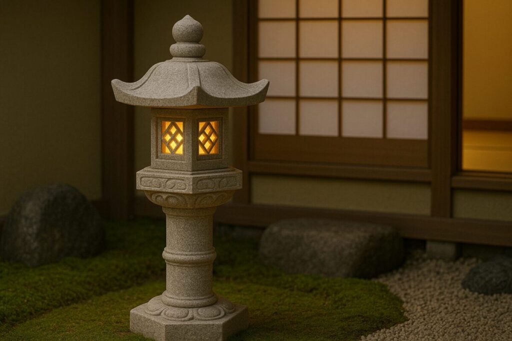 砂利が敷かれた坪庭に置かれた春日灯篭