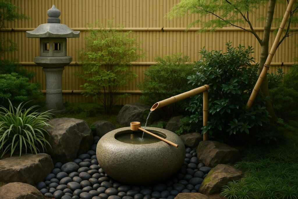 和モダン庭にある手水鉢の写真