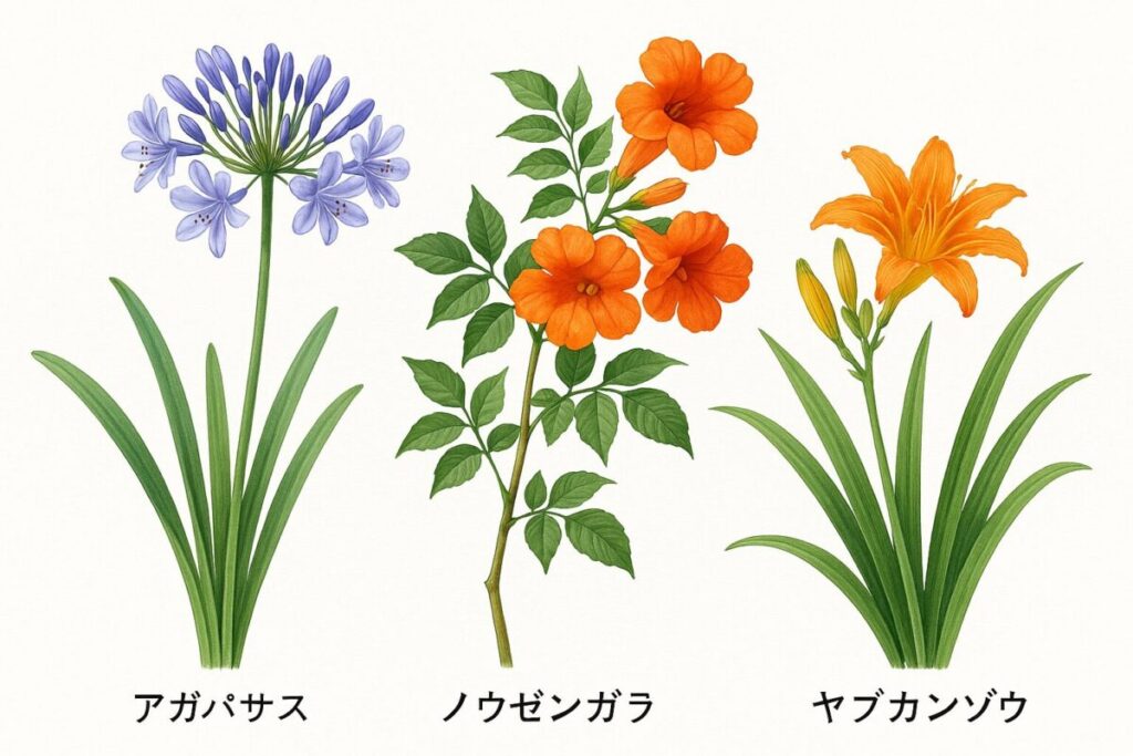 夏に咲く和モダンの庭に合う花を3つ図解にした画像