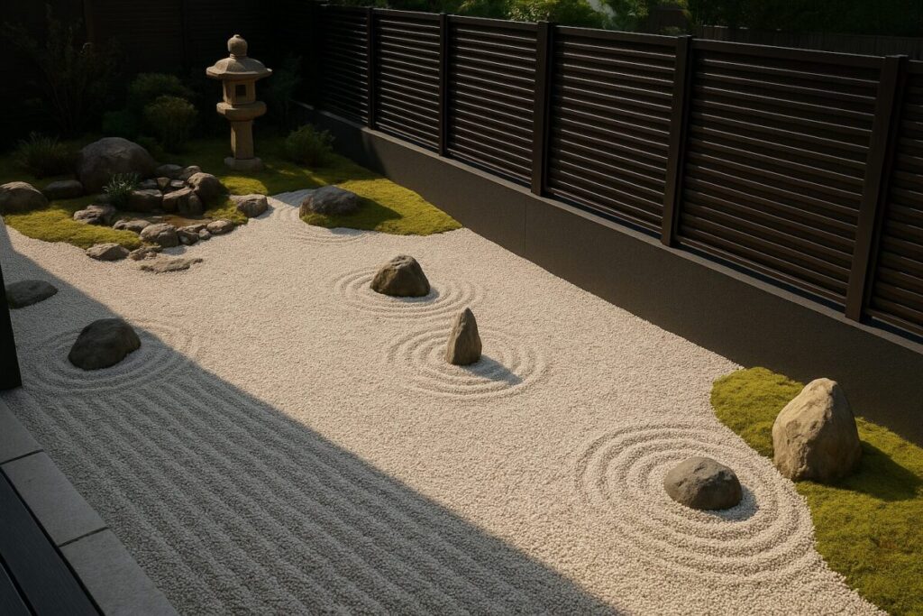 灯篭と手水鉢が置いてある坪庭の枯山水の画像