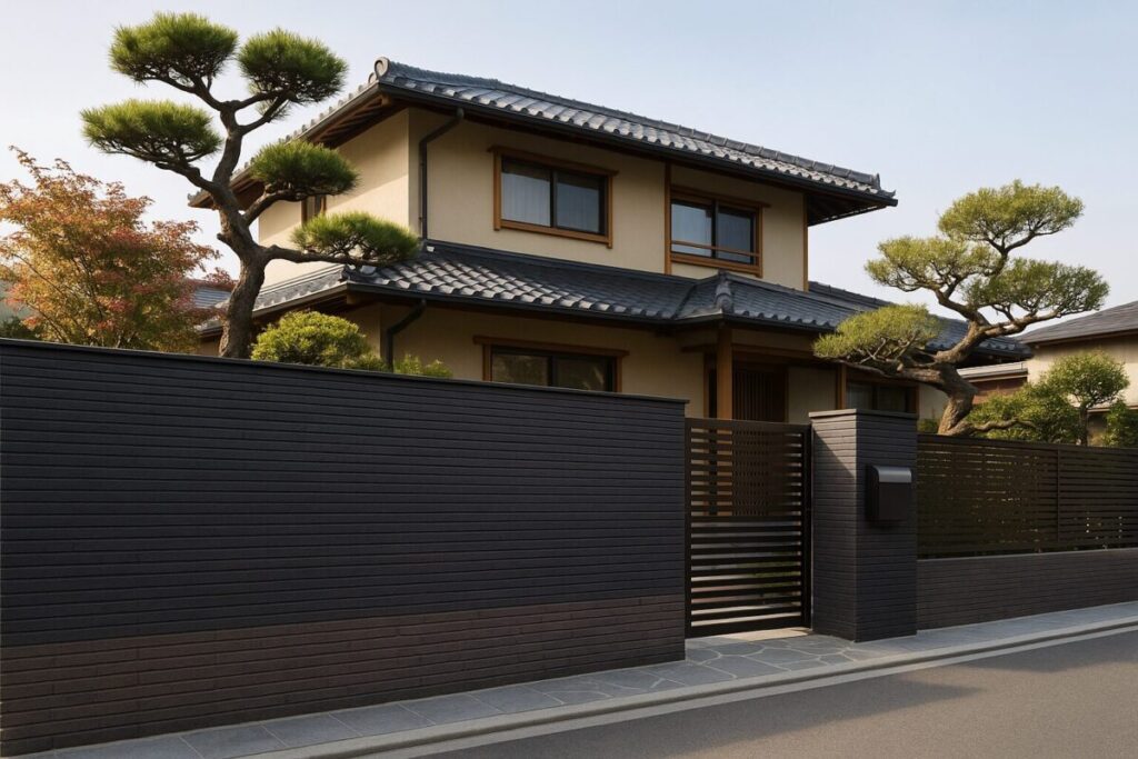 瓦付きの塀があるベージュの和モダン住宅画像