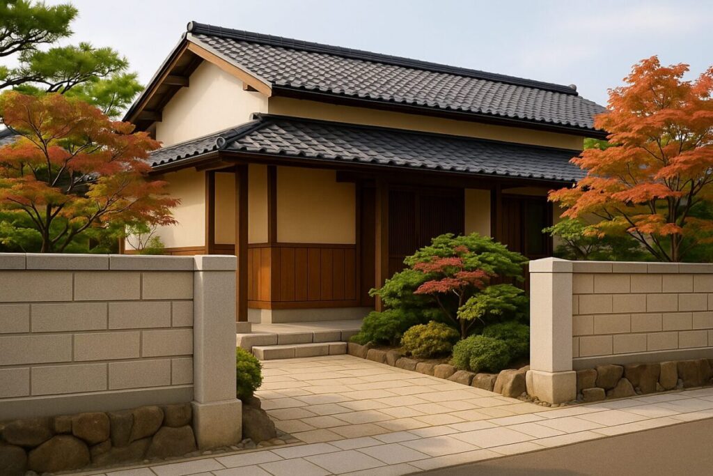 ブロック塀とベージュの和モダン住宅の画像