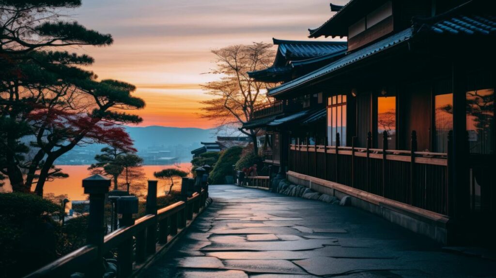 夕暮れ時の日本庭園と石畳の風景画像