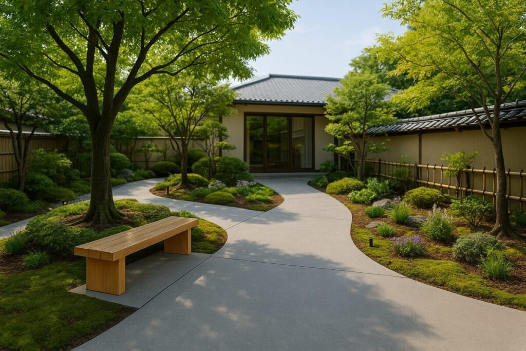 ベンチが置いてあるバリアフリーで見通しのいい日本庭園