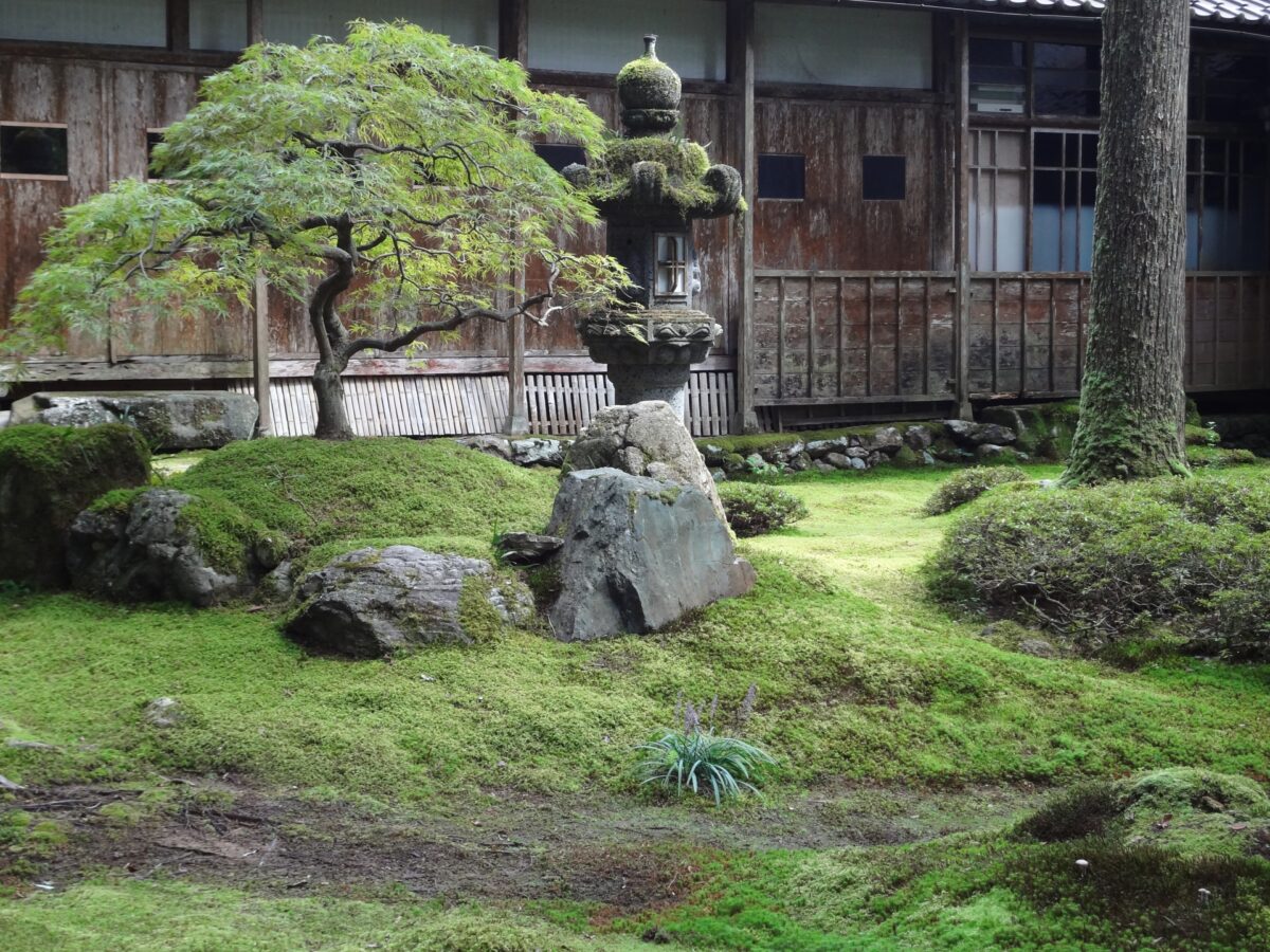 日本庭園の置き石と灯篭の写真