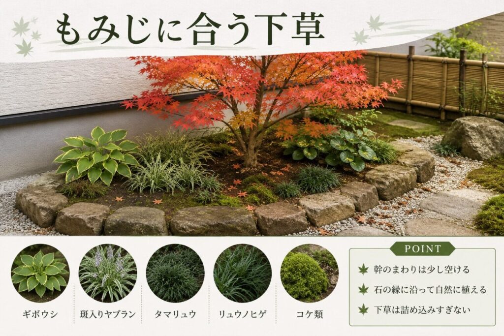 もみじに合う下草を春から夏と秋に分けて紹介した図解。ギボウシ、斑入りヤブラン、タマリュウ、リュウノヒゲ、コケ類の特徴と、幹のまわりを少し空ける、風通しを確保する、落ち葉を景観として活かすポイントをまとめている。