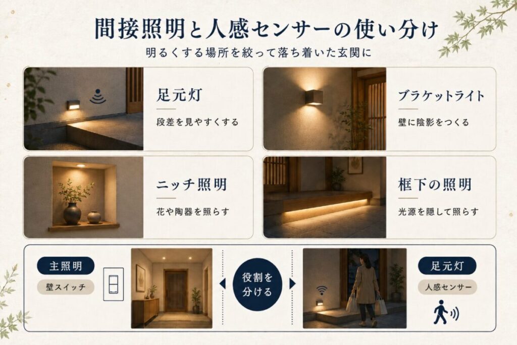 和風・和モダン玄関に使う間接照明と人感センサーの使い分けを解説した図解。足元灯、ブラケットライト、ニッチ照明、框下照明の特徴と、主照明は壁スイッチ、足元灯は人感センサーで点灯する方法を紹介。