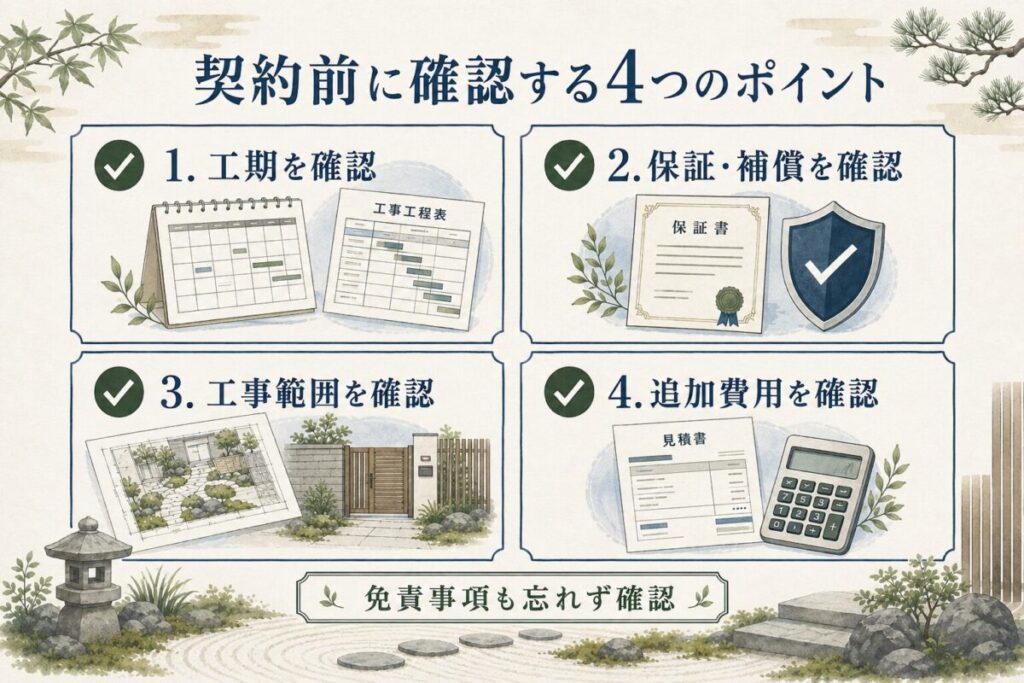 外構工事の契約前に確認したい4つのポイントをまとめた図解。工期、保証・補償、工事範囲、追加費用と免責事項の確認項目をわかりやすく紹介。
