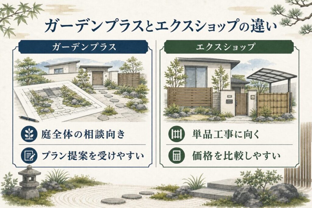 ガーデンプラスとエクスショップの違いを比較した図解。庭全体の相談やプラン提案を受けやすいガーデンプラスと、単品工事に向き価格を比較しやすいエクスショップの特徴をわかりやすくまとめた比較イラスト。