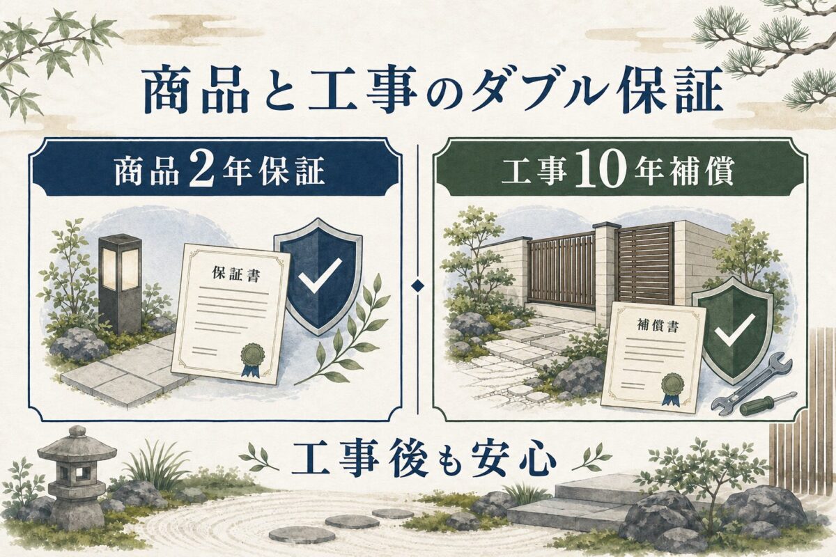 エクスショップのダブル保証を紹介した図解。商品に関する2年保証と工事に関する10年補償の違いを、和モダン外構のイメージとともにわかりやすくまとめた比較イラスト。