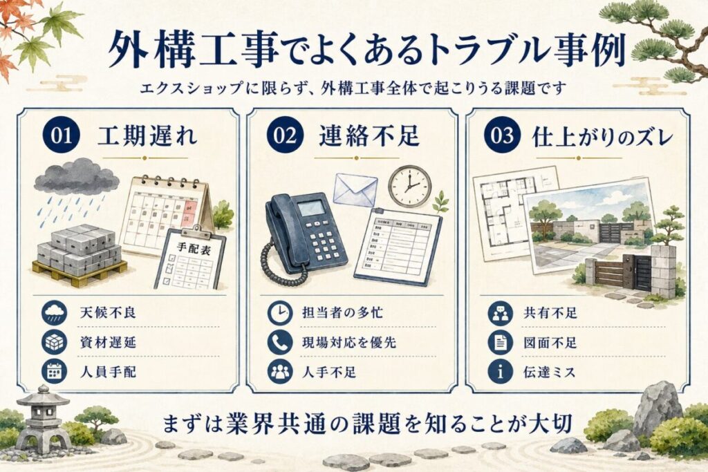 外構工事でよくあるトラブル事例をまとめた図解。エクスショップに限らず起こりうる工期遅れ、連絡不足、仕上がりのズレと、その主な原因をわかりやすく紹介。