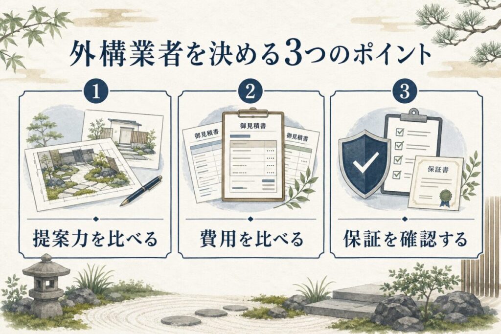 外構業者を決める3つのポイントを紹介した図解。提案力を比べる、費用を比べる、保証を確認するという3つの比較ポイントを、和モダンの庭づくりに合わせてわかりやすくまとめたイラスト。