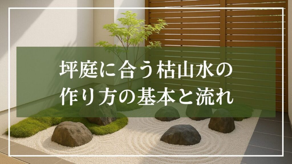 枯山水の庭園の写真に「坪庭に合う枯山水の作り方と基本と流れ」と書かれた見出し画像