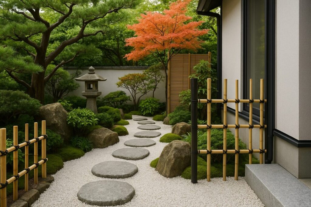 飛び石と白砂、苔、植栽が植えられている和モダンの庭のイメージ図