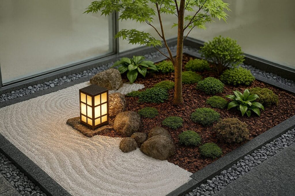 枯山水と植栽で装飾された坪庭サイズの枯山水の画像