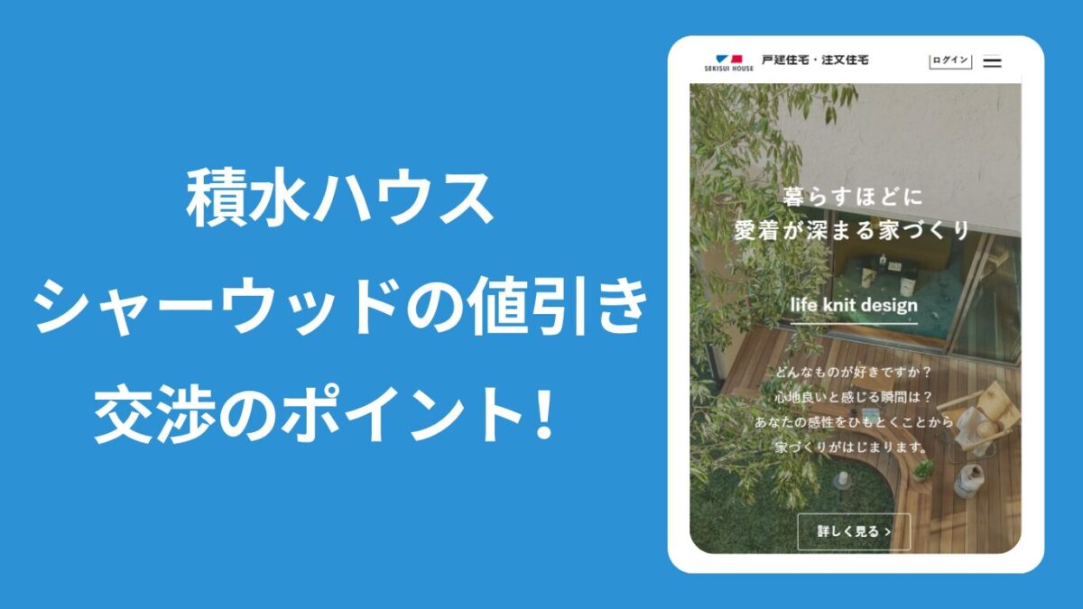 積水ハウスのHPのキャプション画像に「積水ハウスシャーウッドの値引き交渉のポイント」とタイトルが書かれた画像