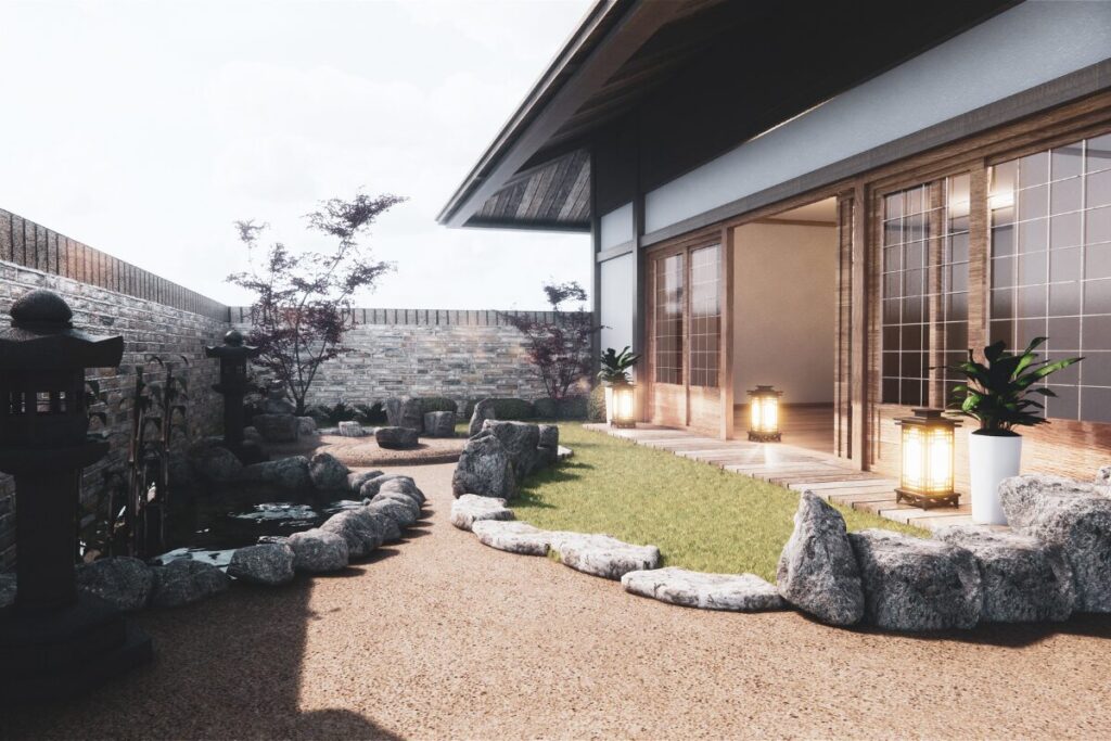 日本庭園と日本家屋平屋の画像