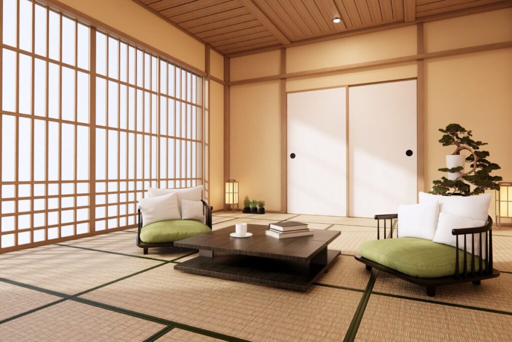 畳部屋に座布団とローテーブルが置いてある画像