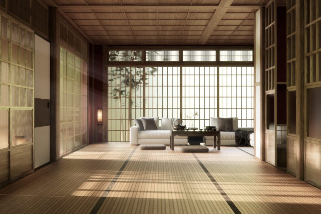 モダン風のソファーテーブルがある日本家屋の写真