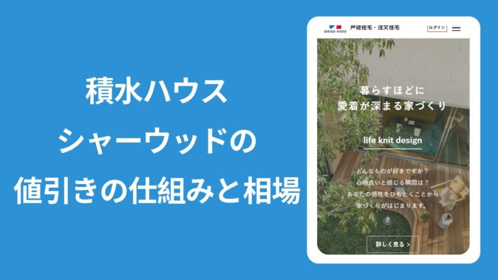 積水ハウスのHPのキャプション画像に「積水ハウスシャーウッドの値引きの仕組みと相場」とタイトルが書かれた画像