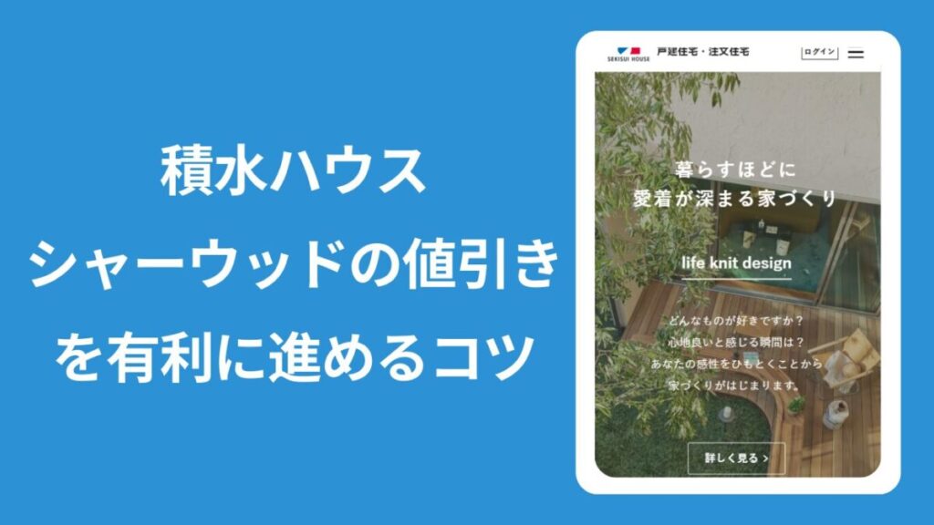 積水ハウスのHPのキャプション画像に「積水ハウスシャーウッドの値引きを有利に進めるコツ」とタイトルが書かれた画像