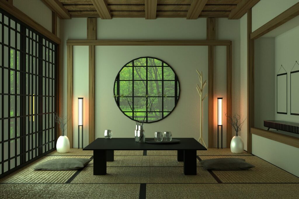 ローテーブルと座布団が置いてあるモダン風の日本家屋室内画像
