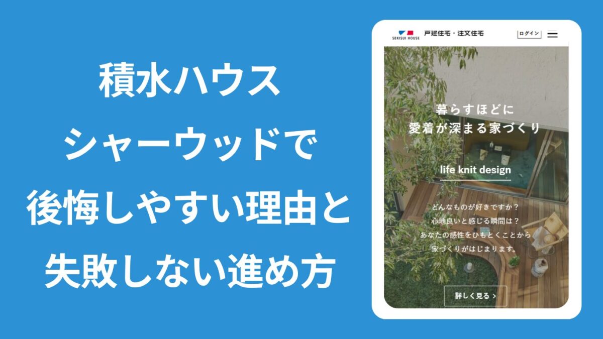 積水ハウスHPのキャプション画像の横に「積水ハウスシャーウッドで後悔しやすい理由と失敗しない進め方」と書かれた見出し画像