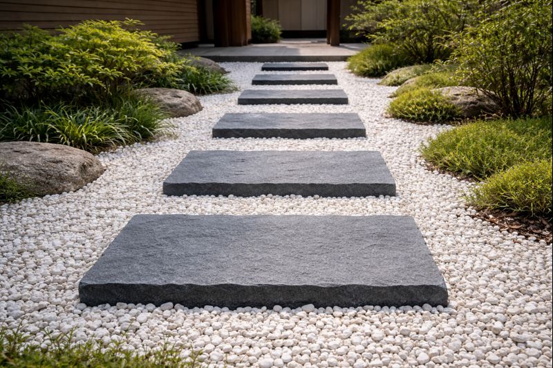 日本庭園につながるアプローチに白川医師が敷いてあり、長方形の玄武岩の敷石が直線に並ぶ画像